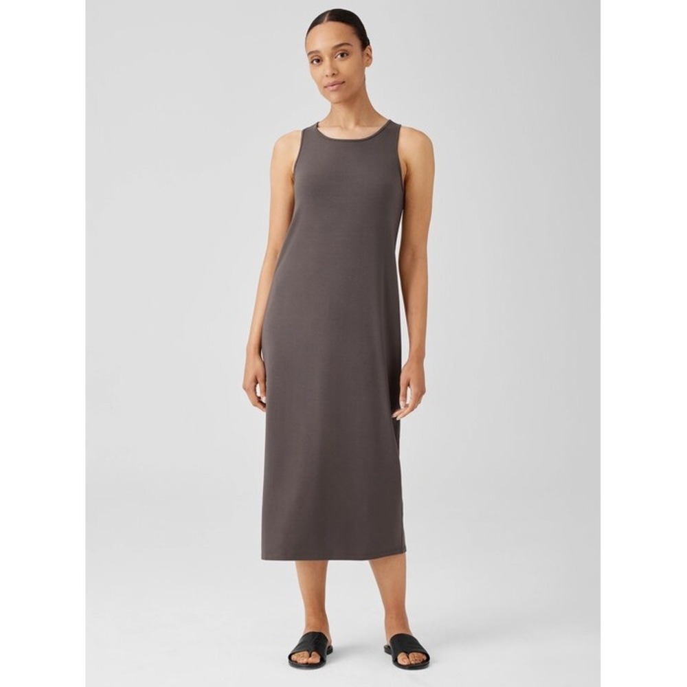 Eileen Fisher Womens Midi Dress M Stretch Viscose Jersey Knit Capsule Taupe Wear